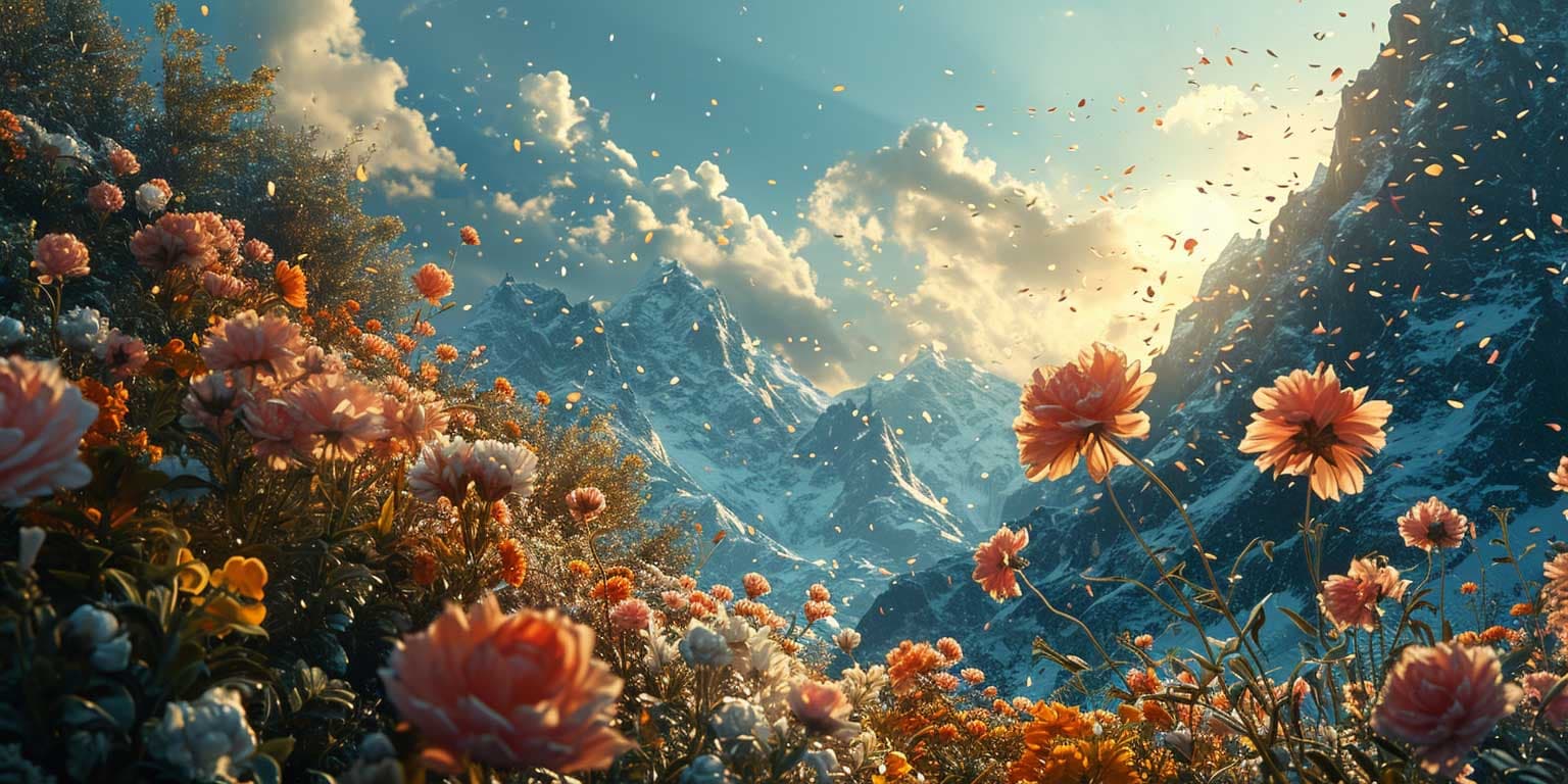 AI-generated cinematic scene with snow and flower petals