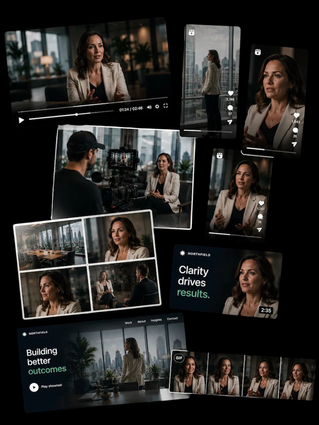 A campaign content collage featuring a business leader in an office interview.